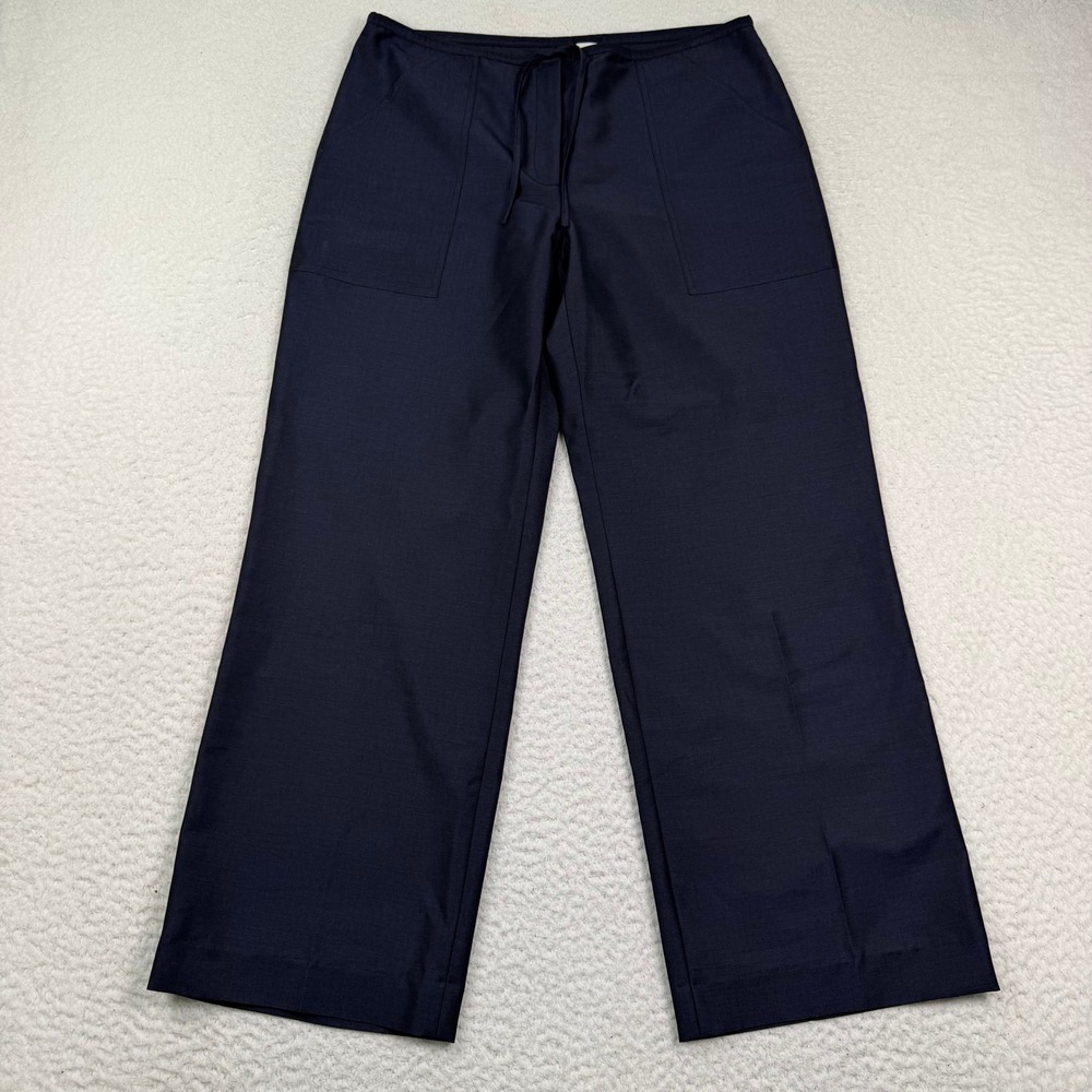 J Crew Wide Leg Trousers Women 8 Navy Blue Wool Blend Drawstring Pockets